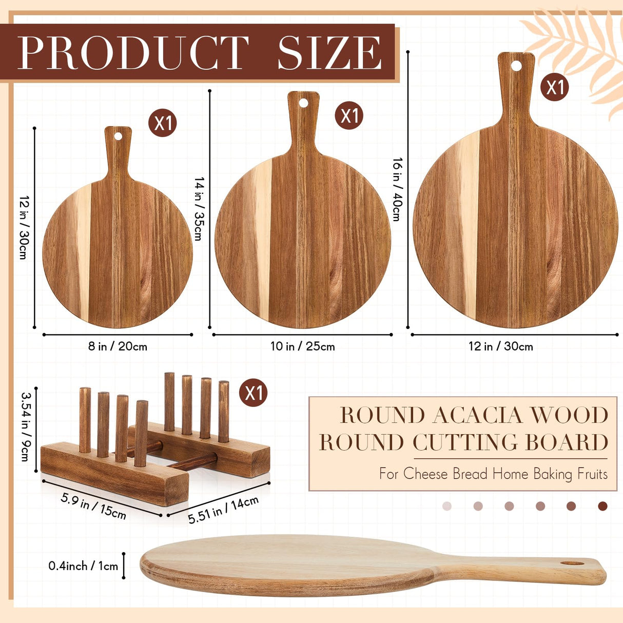 Hushee 3 Pcs Acacia Wood Cutting Board with Handle Round Wooden Chopping Board and Dish Rack Set Serving Platter Pizza Paddle and Plate Rack Stand Hushee