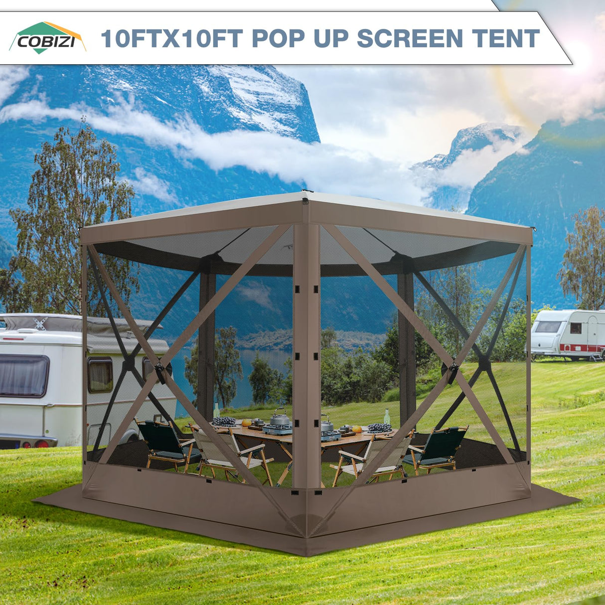 COBIZI Pop Up Gazebo Screen Tent Screen House for Camping, 10FTx10FT Screen Room with Mosquito Netting, Hub Tent Instant Screened Canopy with Carrying Bag and Ground Stakes, Brown COBIZI