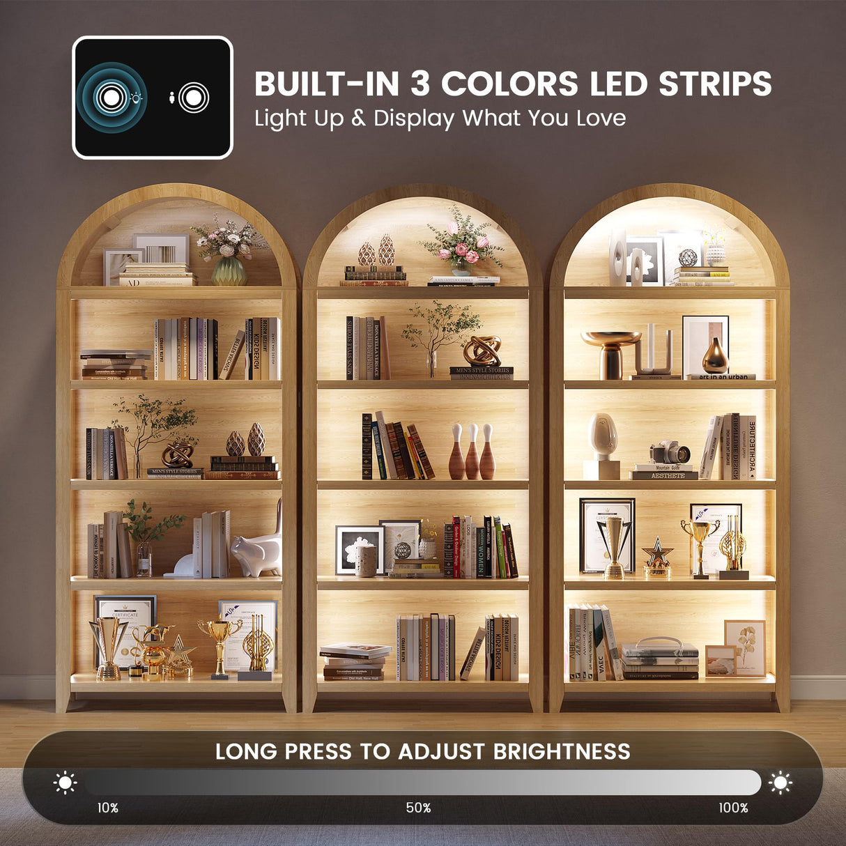 SKKTKT Arch Bookshelf - 5 Layers Bookcase with 3 Colors LED Sensor Lights and Thickened Wooden Design Display Shelf for Lego Books Bathroom Living Room - Ideal Gift (Wood) SKKTKT