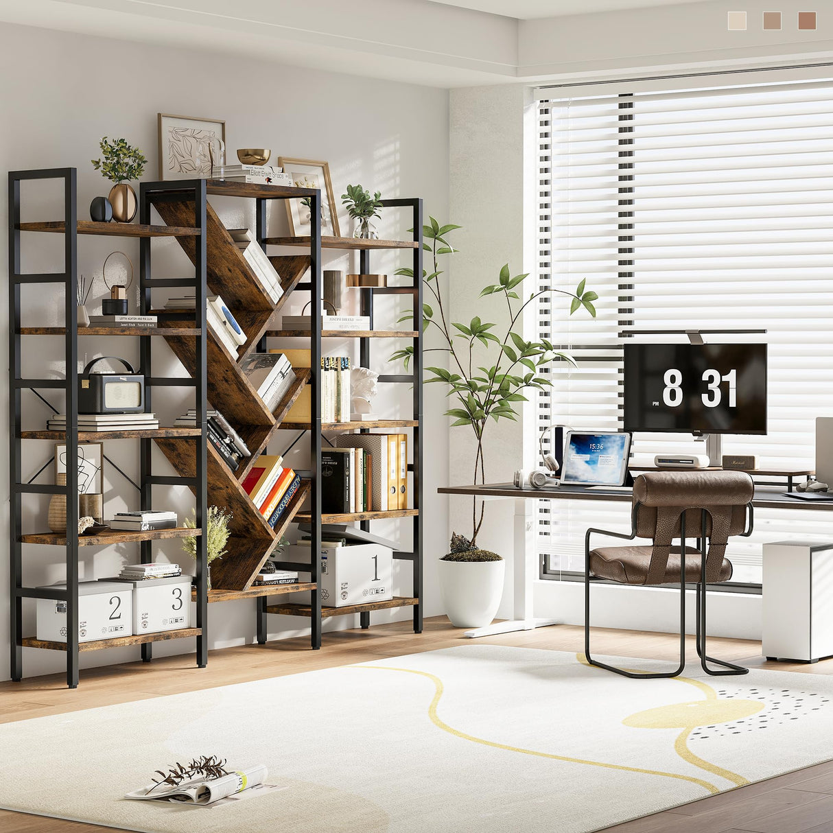 INNOD 70x70" Triple 5 Tier Book Shelf, Large Wooden Bookcase with 17 Open Display Shelf, Modern Tree Bookshelf Metal Frame Tall Book Case Furniture for Living Room Bedroom Home Office Rustic Brown INNOD