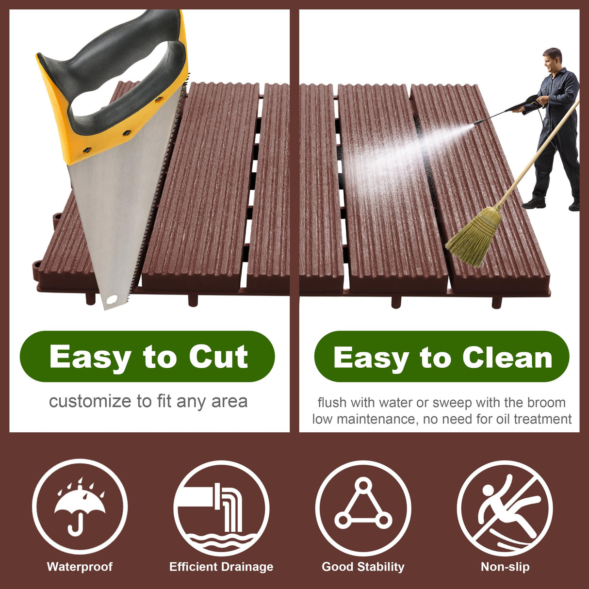 PrimeZone 162 PCS Plastic Interlocking Patio Deck Tiles - 12" x 12" Waterproof Indoor Outdoor Flooring, Patio Floor Decking for Balcony, Backyard, Garden & Poolside, All Weather Use, Dark Brown PrimeZone