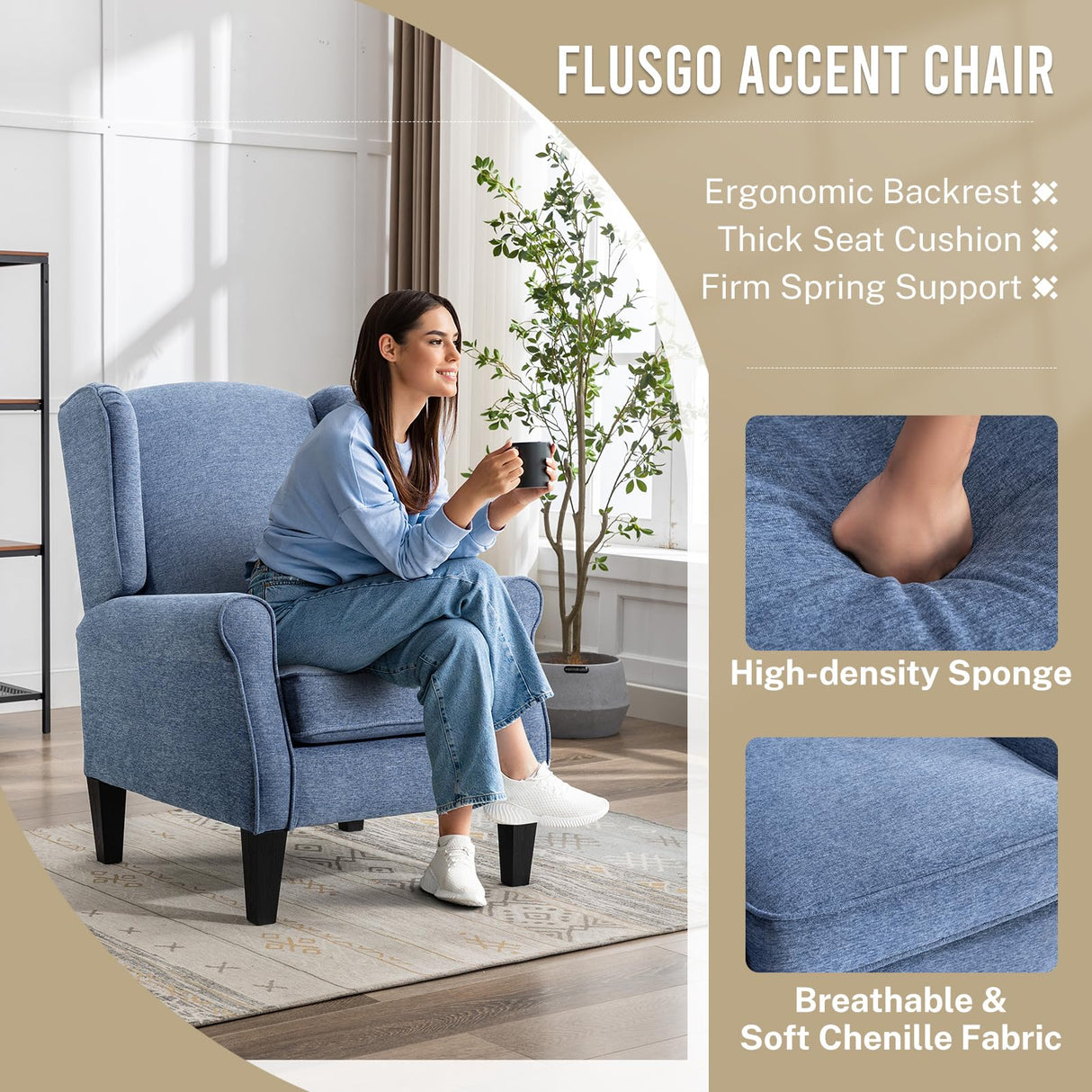 FLUSGO Modern Accent Chair, Chenille Fabric Armchair with High Resilience Sponge & Sturdy Legs, Comfy Single Sofa Chair for Bedroom, Living Room, Reading & Balcony FLUSGO