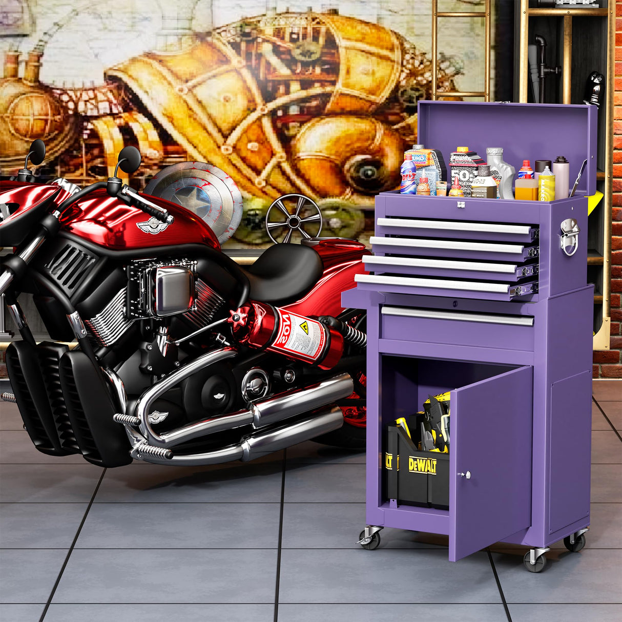 INTERGREAT Purple Tool Chest, 5-Drawer Rolling Tool Storage Cabinet with Detachable Top Tool Box, Tool Chest with Universal Lockable Wheels, Metal Tool Cart for Garage, Workshop, Barbershop INTERGREAT