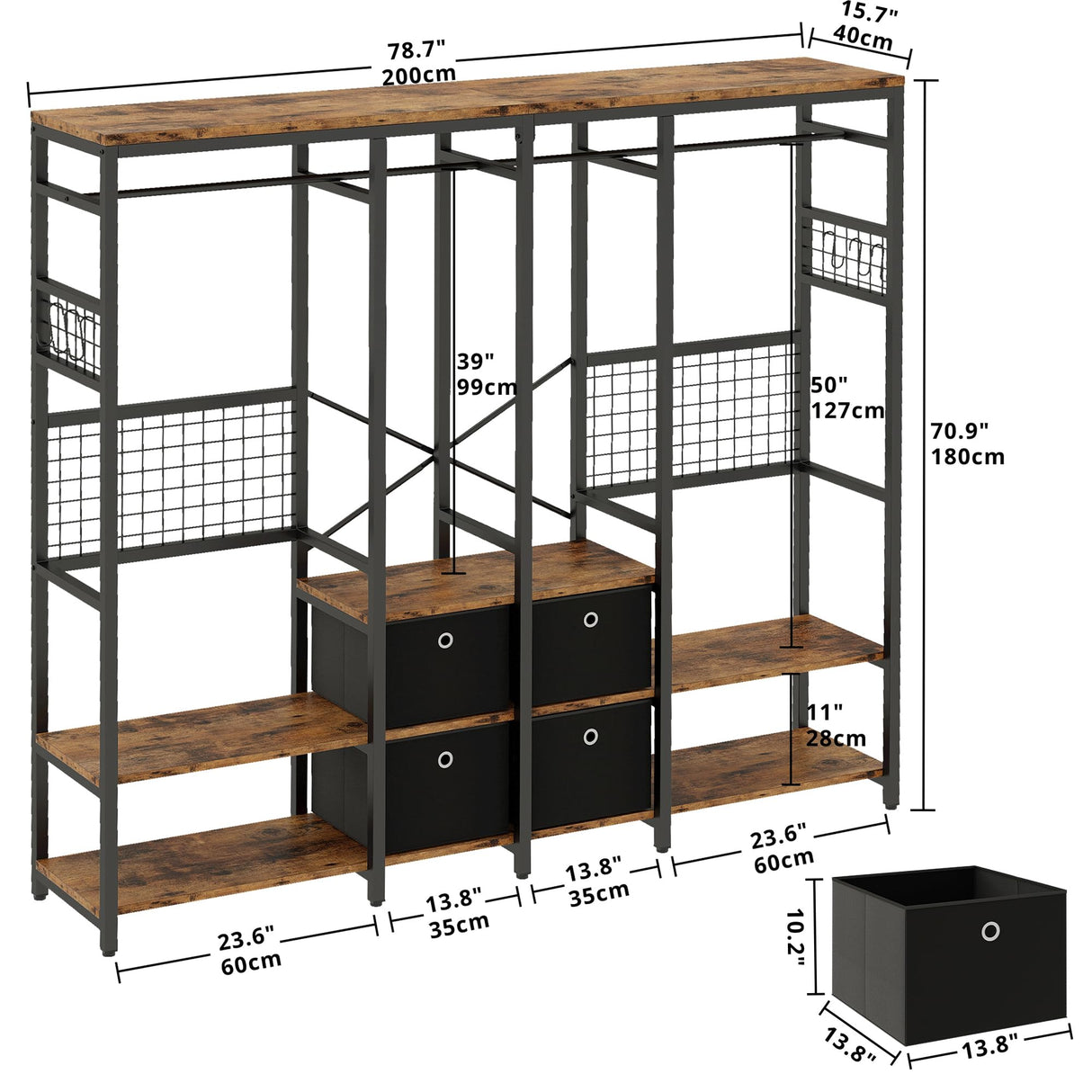 IRONCK Garment Racks with Shelves 4 Drawers and 8 Hooks Heavy Duty Closet Organizer for Hanging Clothes, Freestanding Closet Wardrobe Rack, Vintage Brown IRONCK