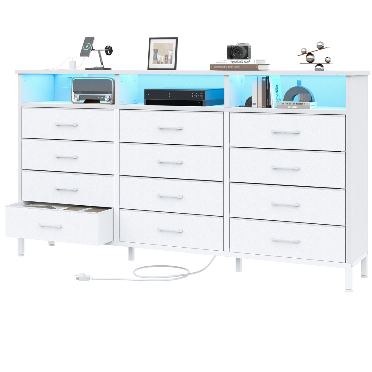 Dresser for Bedroom White Bedroom Dresser with LED Lights and Charging Station, 12 Long Fabric Drawers Dressers, Tall Wide Chest of Drawers Storage Organizer TV Stand for up to 65" TV for Living Room SOOWERY