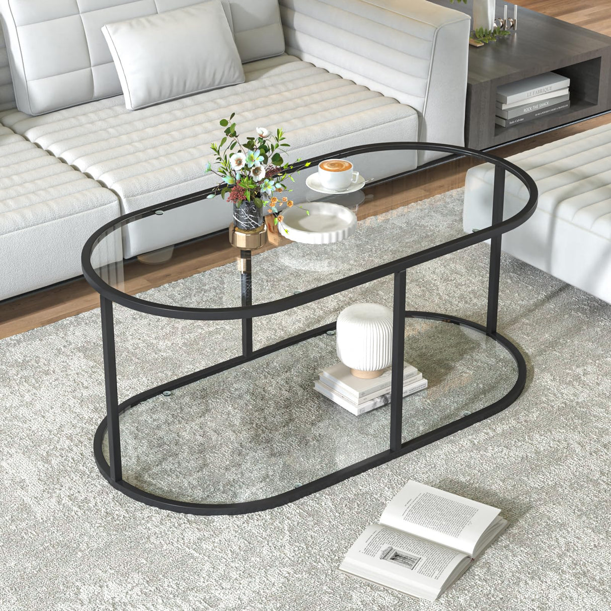 Wolawu Coffee Table Black Glass Coffee Table for Living Room,2 Tiers Oval Center Table with Sturdy Metal Frame,Modern Tempered Glass Accent Table for Bedroom Home Office Wolawu