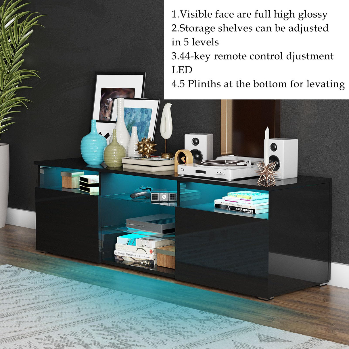 Uspeedy TV Stand,High Glossy LED TV Stand for 55 inch TV Stand,Modern TV Entertainment Center with Adjustable Storage Shelf,TV Console Table with RGB LED 20 Color Lighting(47IN Black) Uspeedy