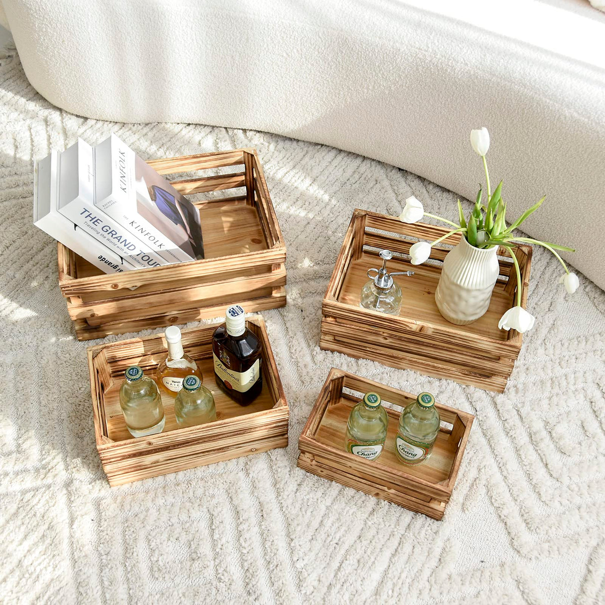 JUMBO HUMBLE Large Torched Wood Storage Crates Decorative, Set of 4 Nesting Wooden Crates for Display Rustic, Farmhouse Wooden Storage Container Boxes Made from 100% Wood JUMBO HUMBLE