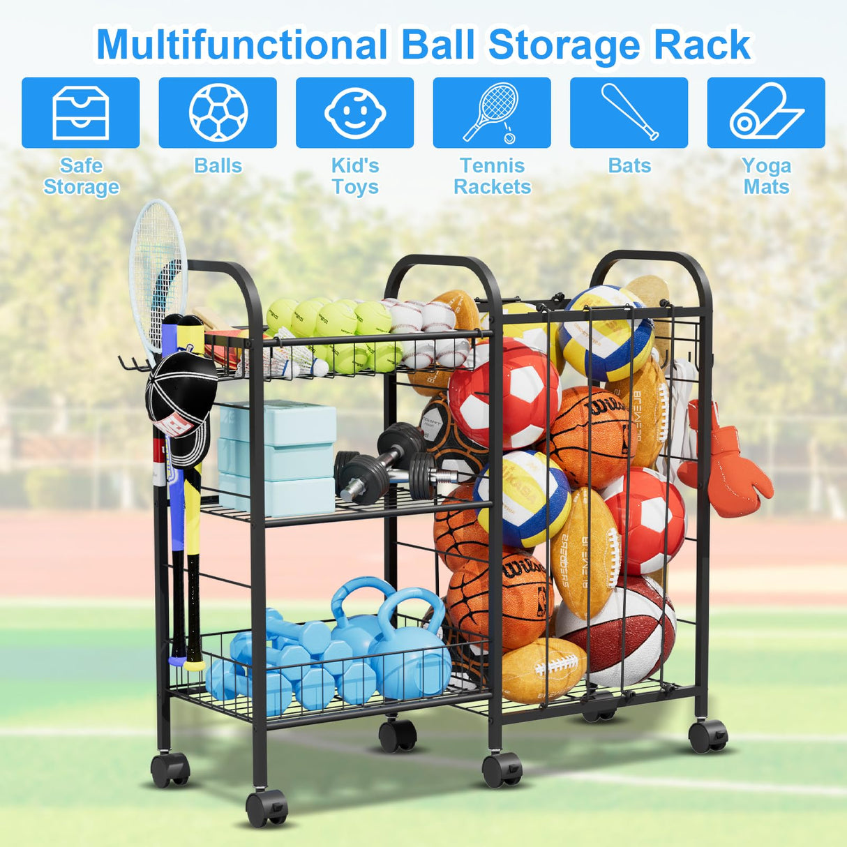 NEYCIL Ball Storage Rack, Sports Ball Storage Cart with 6 Wheels, Elastic Strap, Removable Basket, Hooks, Sports Equipment Organizer For Garage, Children's Room, Court, School, Small Gym, Outdoor NEYCIL