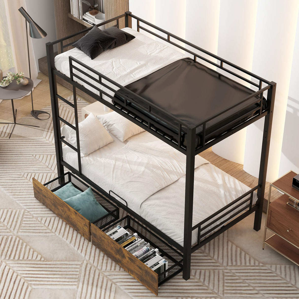 LUKEEHOM Metal Bunk Bed Twin Over Twin Convertible Twin Bunk Beds into 2 Individual Twin Size Bed with 2 Storage Drawers, No Box Spring Needed, Black LUKEEHOM