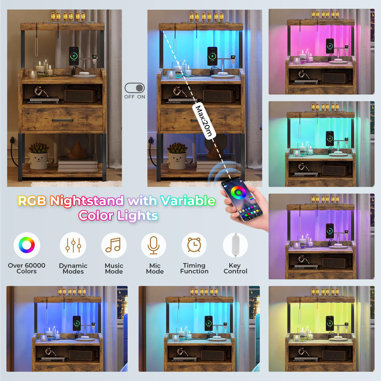 VIAGDO Nightstand with Charging Station and LED Lights, Rustic Brown Night Stand with Drawer, Modern End Side Table with Open Storage Shelves, Bedside Tables for Bedroom, Office VIAGDO