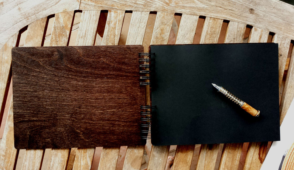 Personalize It Wooden Rustic Book 11" x 8.5" : Made in USA (All Black Cardstock Inside Pages, Front Cover Burnt Cocoa Wood) DIY Scrapbook Album Guestbook Photo Guest Book Sketch Pad Personalize It