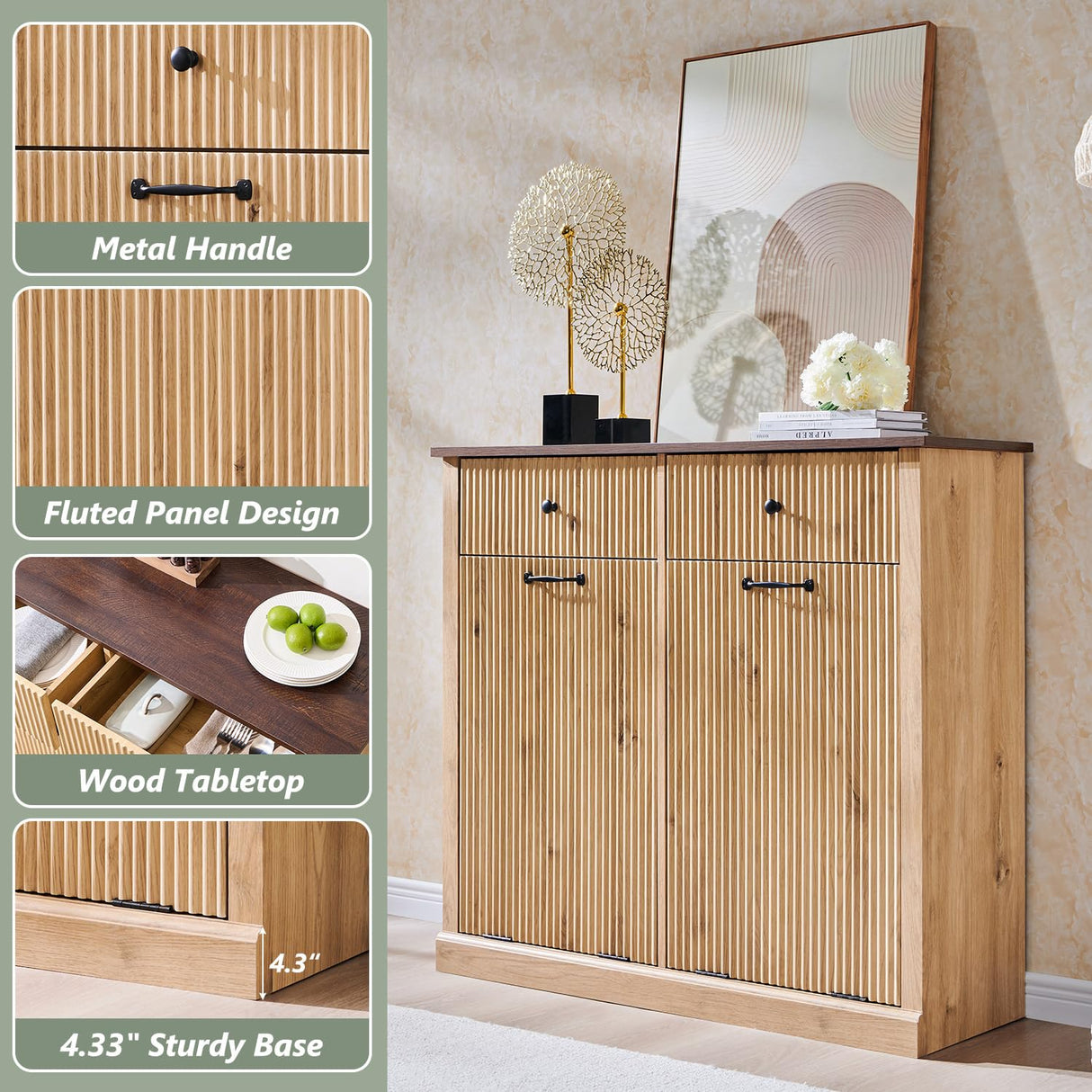 IFGET Modern Double Tilt-Out Trash Cabinet, 20 Gallon Fluted Laundry Hamper Cabinet with 2 Drawers, Wooden Hidden Garbage Can Cabinet with Storage Basket for Kitchen & Living Room, Natural Oak IFGET