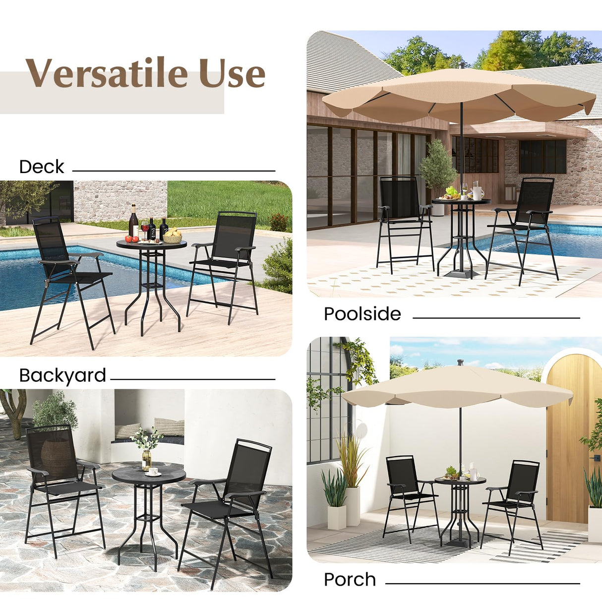 COSTWAY 3 PCS Patio Table and Chairs Set, Bistro Furniture with DPC Tabletop, Umbrella Hole, Outdoor Bar Set with Round Table and 2 Folding Counter Height Chairs for Poolside, Deck, Porch, Black COSTWAY
