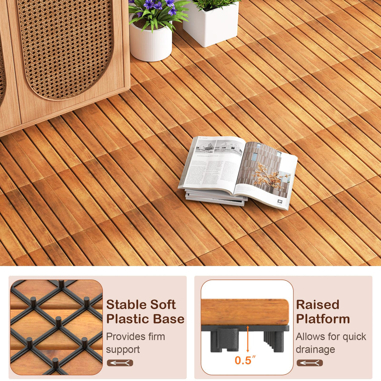 Tangkula 27 PCS Interlocking Deck Tiles, 12" x 12" Acacia Wood Floor Tiles for Patio, Balcony, Garden Indoor, 27 Sq. Ft Flooring Pavers Outdoor Waterproof, Tools Free Assembly (Stripe) Tangkula