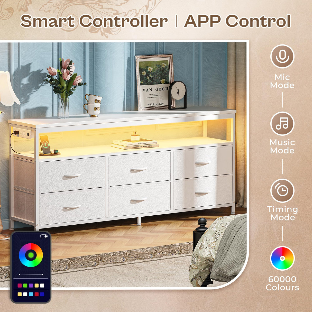 Huuger LED TV Stand for Bedroom, 55 Inch Fabric Dresser with Power Outlets, Entertainment Center for 60, 55, 50 Inch TV, 6 Drawer Dresser for Bedroom, Chest of Drawers with Shlef, PU Leather, White Huuger