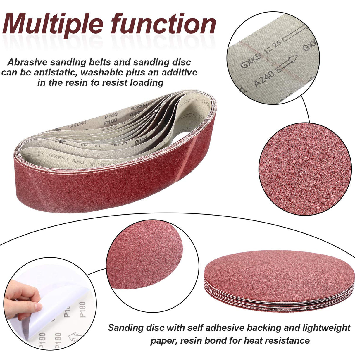 Aluminum Oxide Sanding Belts Includes 4 x 36 Inch Sanding Belts (80/120/150/240/400 Grits) and 6 Inch Self Stick No Hole Aluminum Oxide Sanding Disc (22) Blulu