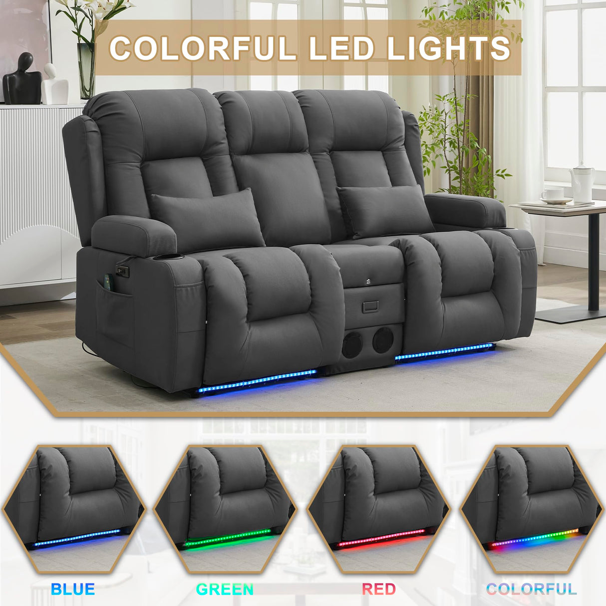 URRED Power Reclining Loveseat Sofa with Console, RV Couch Loveseat Recliner Sofa with Massage & Heat, LED Light, Cupholders, Bluetooth Speakers, USB Charge Ports, Outlets, Leathaire, Gray URRED