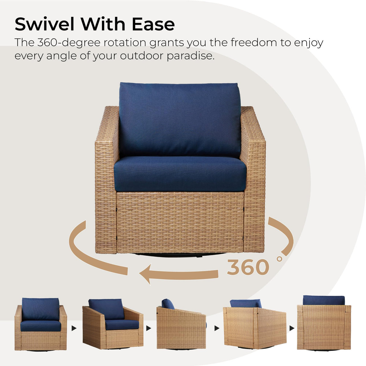 CHITA 5 Pieces Wicker Patio Furniture Set, Outdoor Conversation Set with 2 Pieces Rattan Swivel Chairs, 2 Pieces Ottomans, Thickened Cushions and Side Table, Blue Cushions with Brown Wicker CHITA