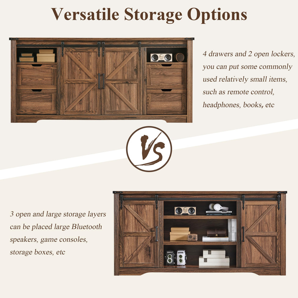 JXQTLINGMU Farmhouse TV Stand for 75+ Inch TV, 32" Tall Entertainment Center w/4 Drawers & Sliding Barn Door, Rustic Media Console w/Storage Shelves, 66" Wood Television Stand for Living Room, Brown JXQTLINGMU