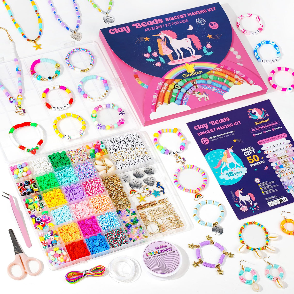 Gionlion Charm Bracelet Making Kit for Girls 8-12, Arts and Crafts Charms for Jewelry Making Supplies Kit with 198Pcs Letter Beads, Unicorn/Mermaid DIY Birthday Mothers Day Gifts Toys Ideas for Kids Gionlion