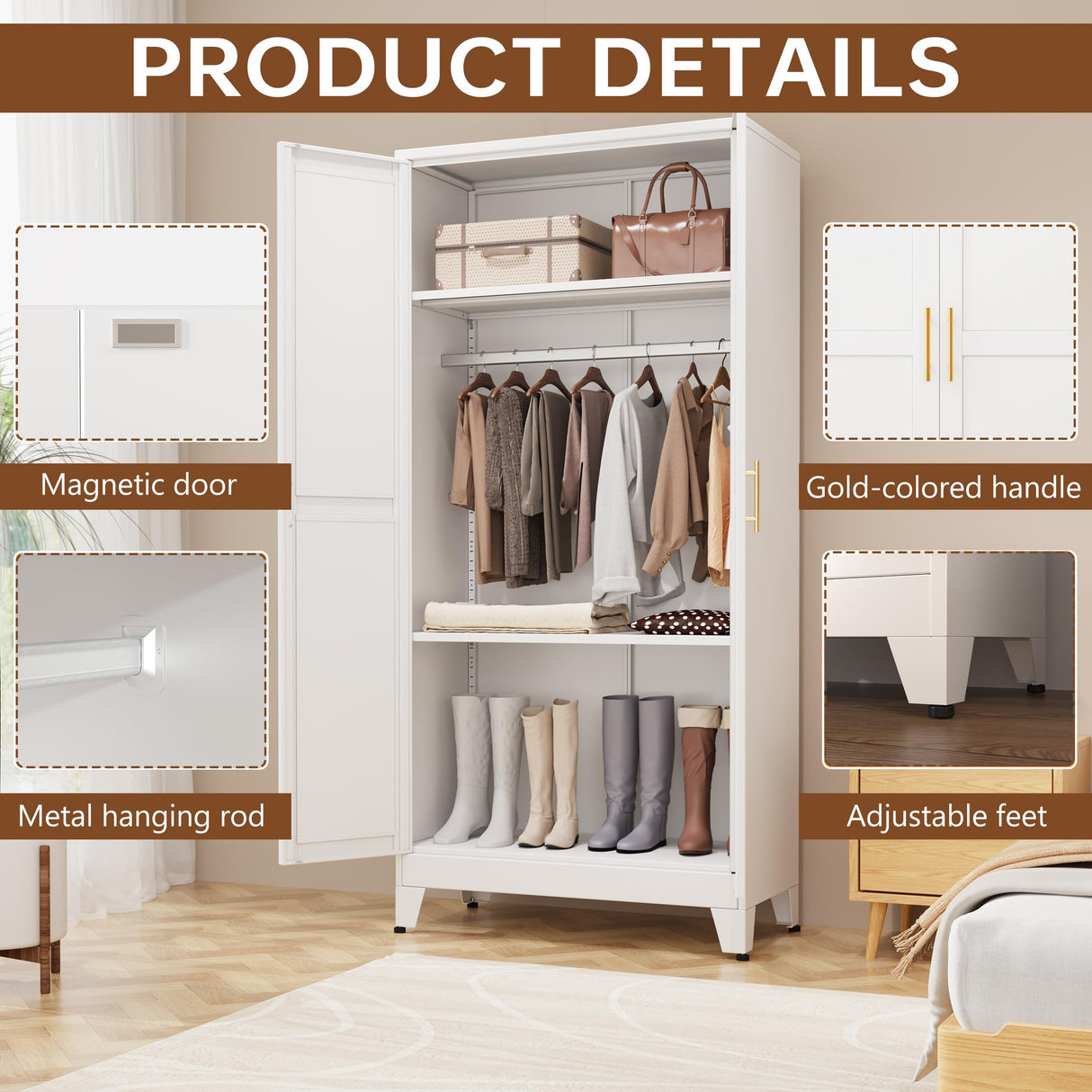 pozdeg 71" Metal Armoire Wardrobe Closet, Tall Clothing Storage Cabinet with Hanging Rods, Household Closet Organizers with Adjustable Shelves for Home Office or Gym (White) pozdeg