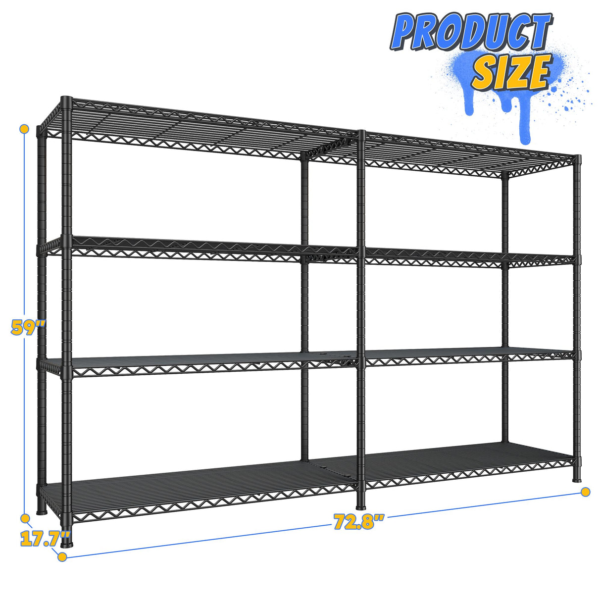REIBII 72.8" W Storage Shelves Load 1500LBS, 4 Tier Metal Shelving Unit Wire Shelving for Storage Rack Heavy Duty Metal Shelves for Garage Pantry Kitchen, 17.7" D x 72.8" W x 59" H REIBII