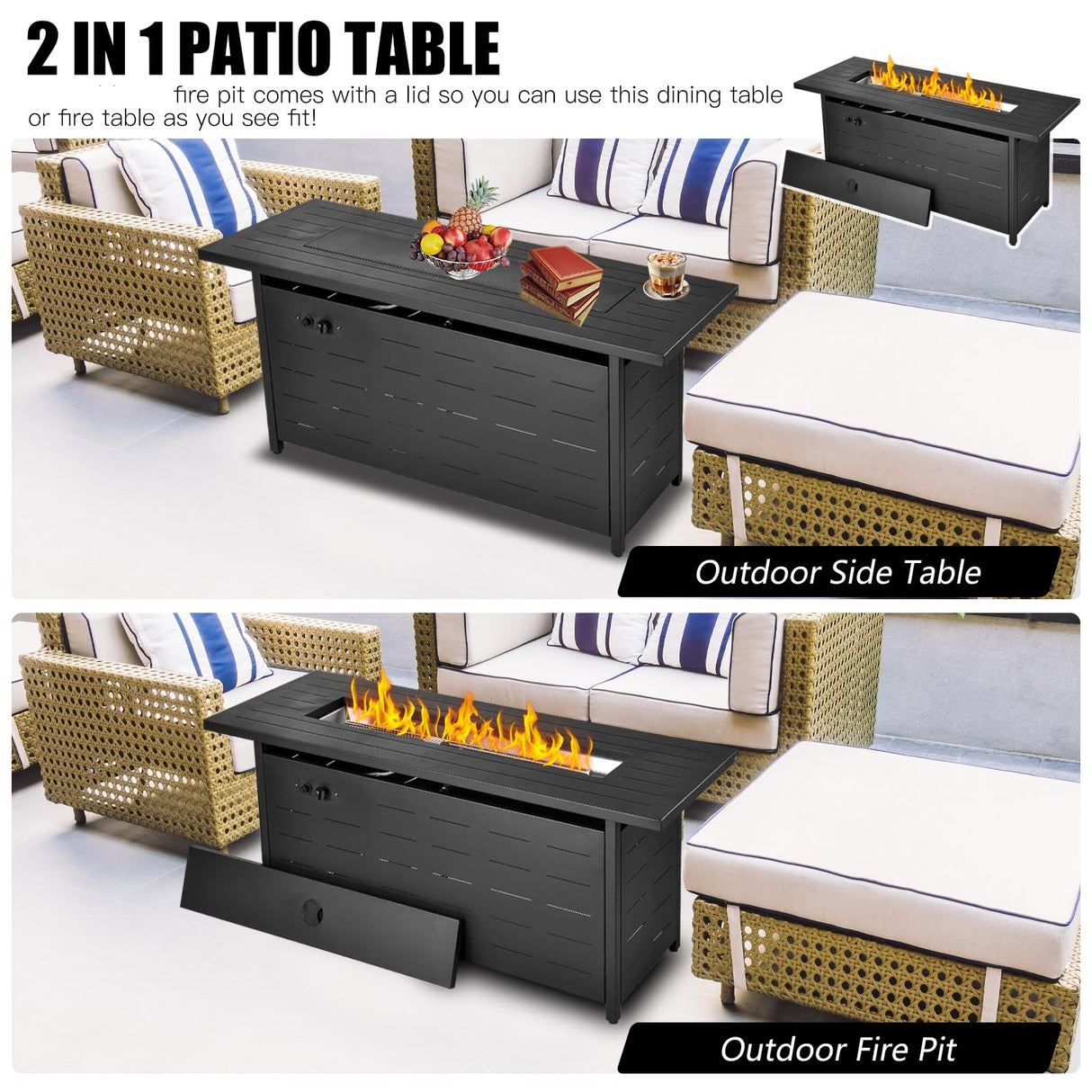 EcoNook 57 inch Propane Fire Pit Table,50000 BTU Gas Fire Pits Table with Lid & Lava Rock & Waterproof Cover, Outdoor Propane Firepit for Dining or Party, Outside, Patio, Garden, Yard EcoNook