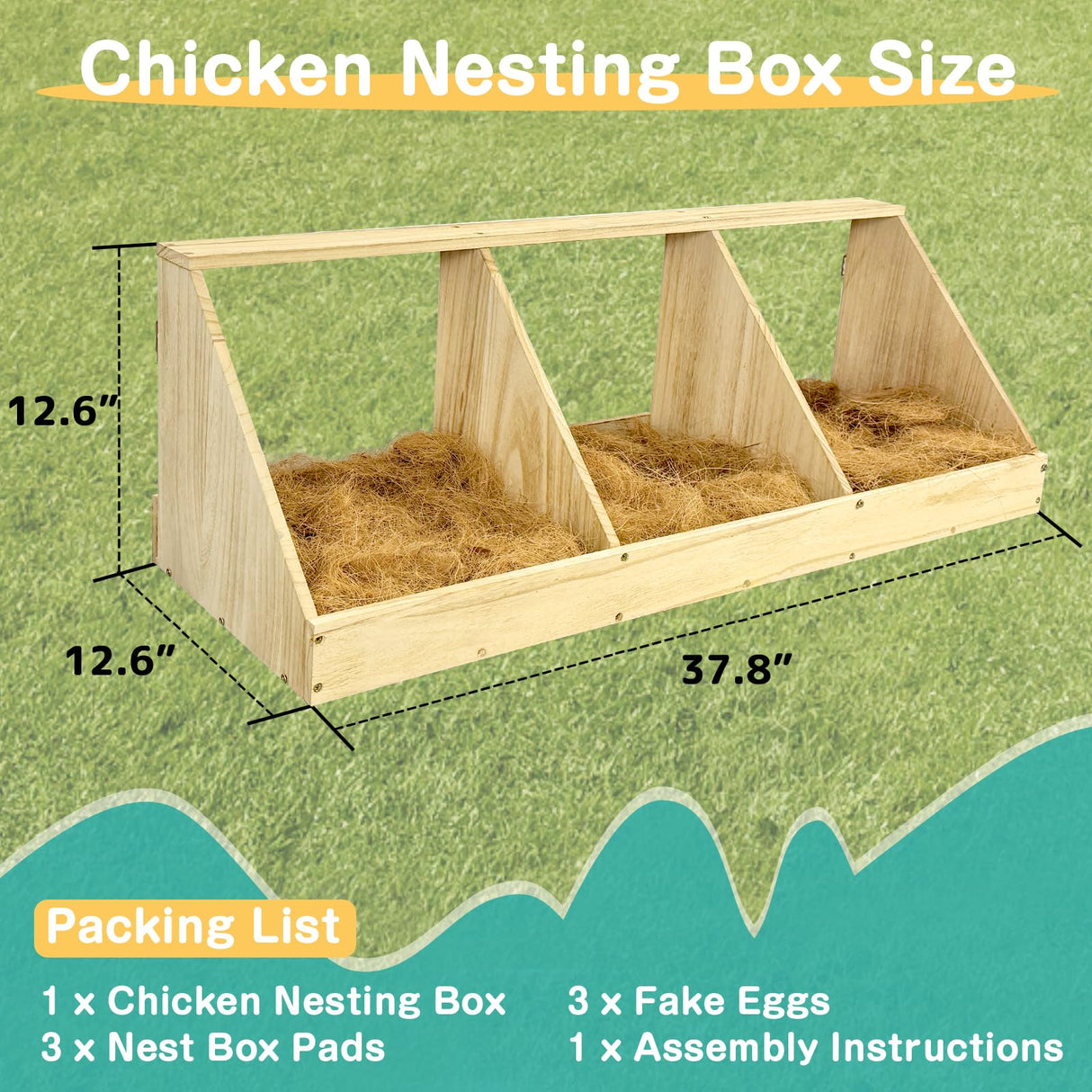 Chicken Nesting Boxes, 3 Compartment Wooden Chicken Laying Boxes, Nesting Boxes for Chickens, Hens, Ducks, Poultry Nest Box for Laying Eggs, (Includes 3 Fake Eggs, 3 Nest Box Pads) Nalwort