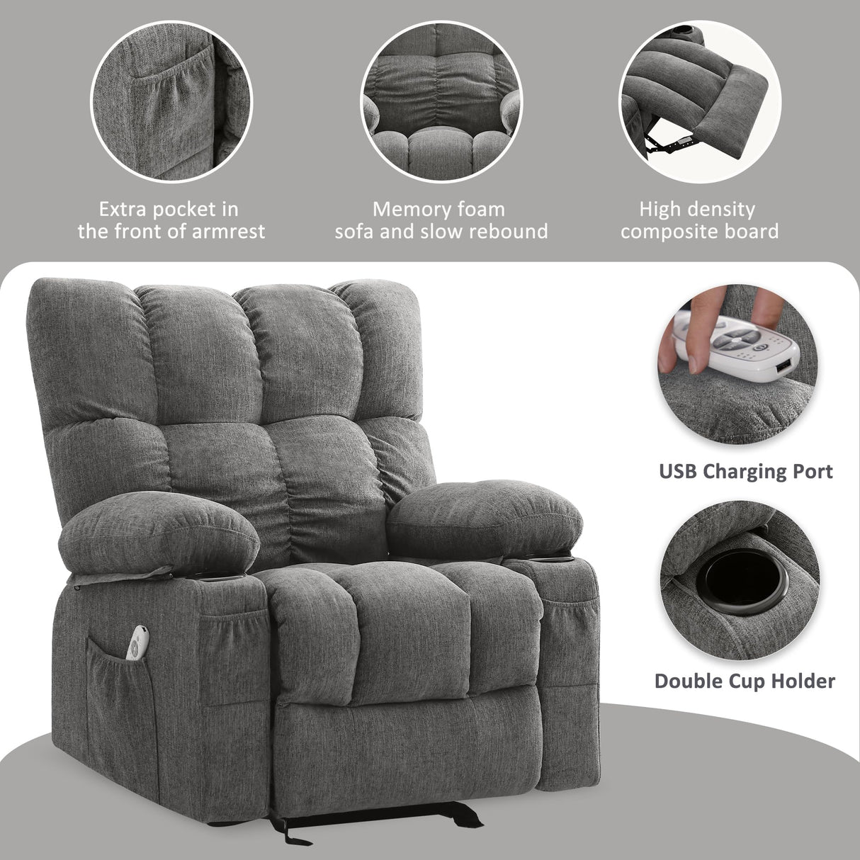 Massage Recliner Chair for Adults with Lumbar Heating Rocker Recliners with 2 Cup Holders and USB Charge Port for Living Room KWKSV