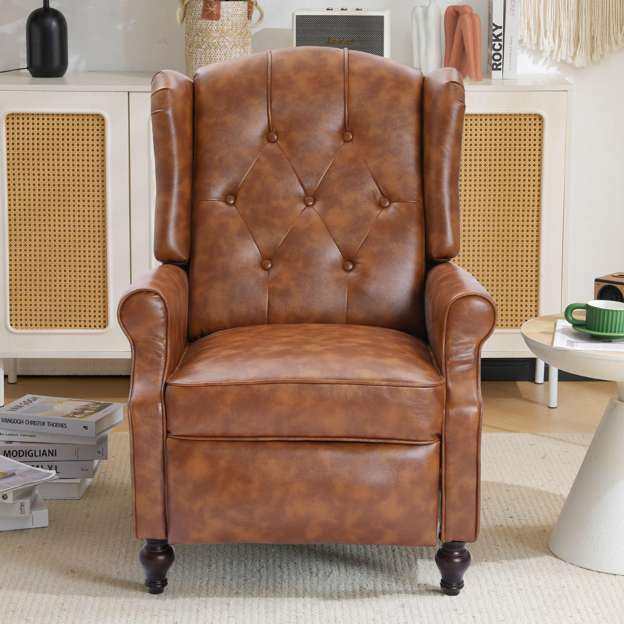 P.H.Furn Wingback Recliner Chair with Massage and Heat, Tufted Back PU Leather Living Room Armchair with Nailhead Trim,Push Back Recliner Chair with Remote Control,Padded Cushion (Tawny Brown) P.H.Furn