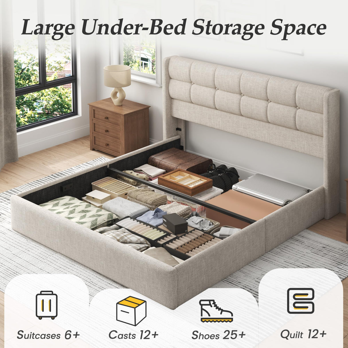 Lifezone Queen Size Storage Bed Frame with Hydraulic Lift & Wingback Headboard, Linen Upholstered, Space Saving Platform, No Box Spring Needed, Noise Free, Strong Support, Modern Furniture, Beige Lifezone