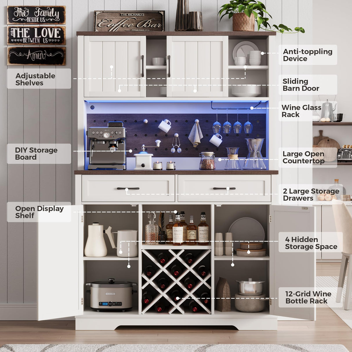 72" Coffee Bar Cabinet with Power Outlet & LED Light, Farmhouse Large Kitchen Hutch with Sliding Barn Door, Tall Bar Cabinets with Storage Drawers & Wine Glass Rack,Pantry China Cabinet for Home,White Jocoevol