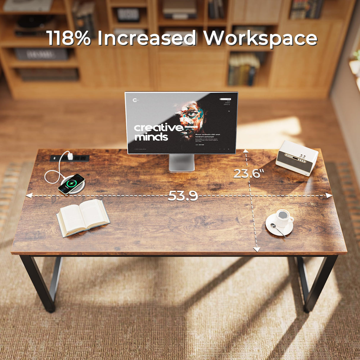 Huuger 55 Inch Desk with Power Outlets, Deeper & Thicker Desktop, Robust Metal Tubes, Computer Desk, Heavy Duty Office Desk, Work Gaming Desk for Home Office, Rustic Brown Huuger