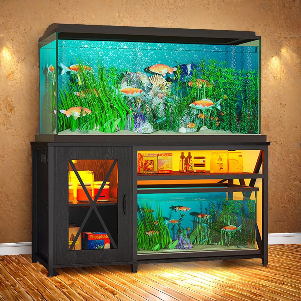 YITAHOME Fish Tank Stand with Power Outlets & LED Light, 55-75 Gallon Metal Aquarium Stand with Cabinet for Fish Tank Accessories Storage for Turtle Tank, Reptile Terrarium, 860LBS Capacity, Black YITAHOME