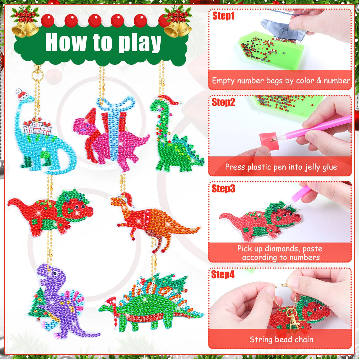 20 Pcs Christmas Dinosaur Diamond Art Keychains Diamond Painting Keychains 5D DIY Diamond Art Kits Dinosaur Gem Diamond Keychains Diamond Key Rings for Adults Beginners Holiday Craft Decoration Tudomro