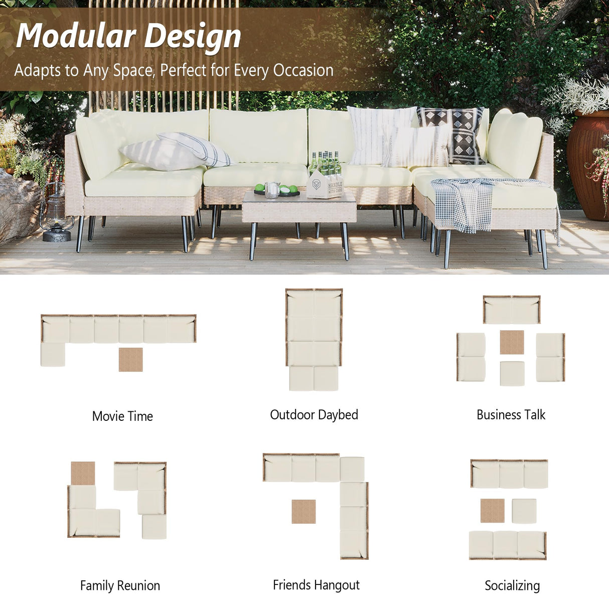 Rotihom 8-Piece Wicker Outdoor sectional Patio Furniture Set with Additional Waterproof Cover, Conversation Patio Furniture with Washable Thick Cushions for Garden, Backyard, Poolside Rotihom