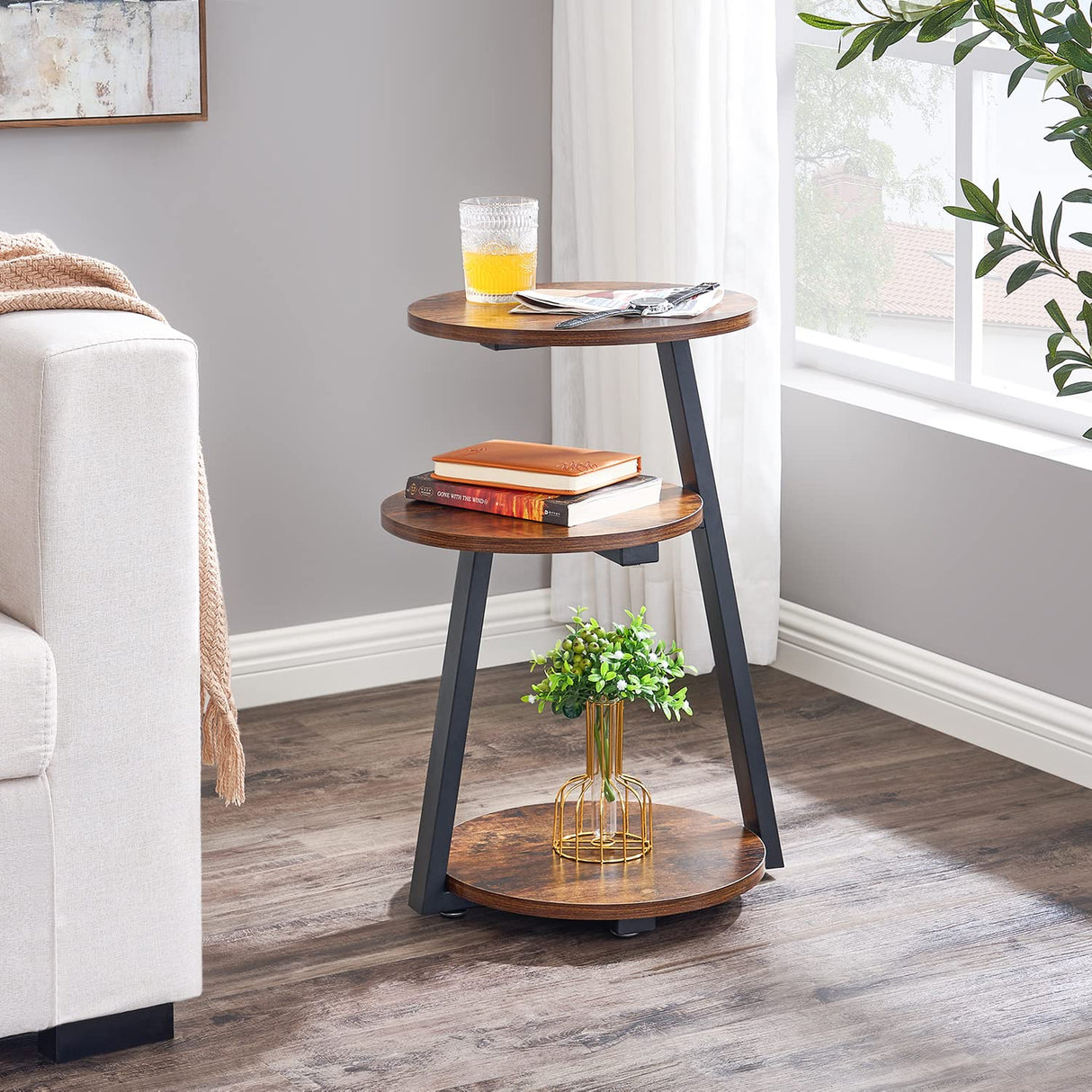 BEWISHOME Round End Table Side Table with Metal Frame, Accent Table Nightstand Bedside Table with 3-Tier Shelves for Living Room Bedroom Couch Small Coffee Table Rustic Brown KTZ41Z BEWISHOME