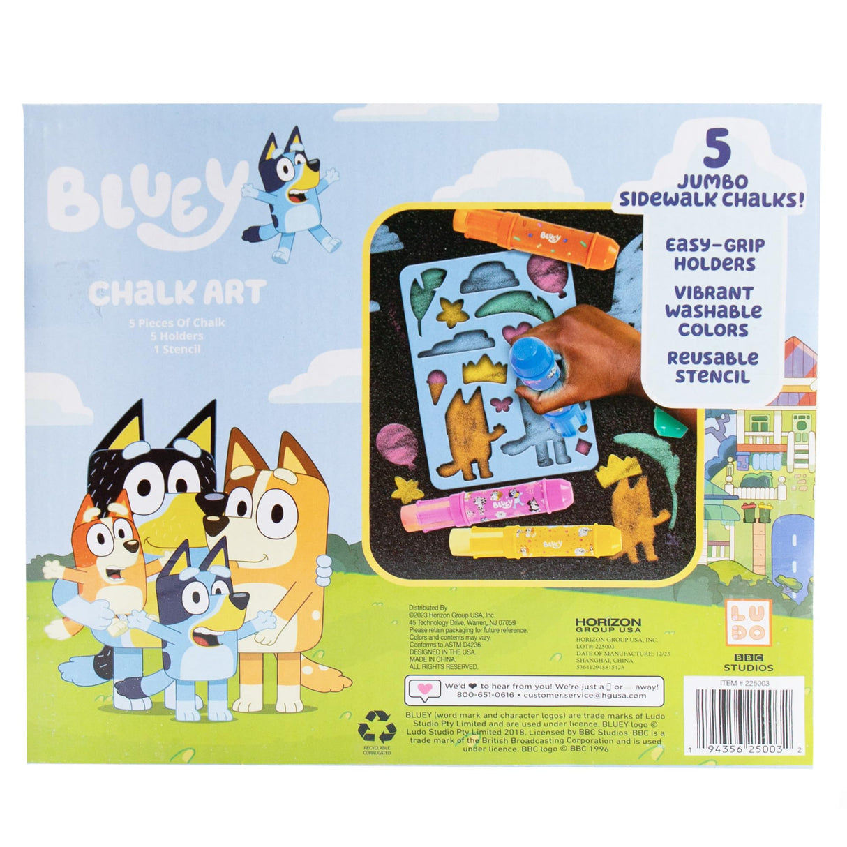 Official Bluey Chalk Art, 5-Pack, Vibrant Sidewalk Chalk For Kids, Includes 5 Chalks, Chalk Holders & Reusable Stencil, Outside Toys for Toddlers 1-3, Bluey Birthday Party Supplies, Bluey Toys Horizon Group USA