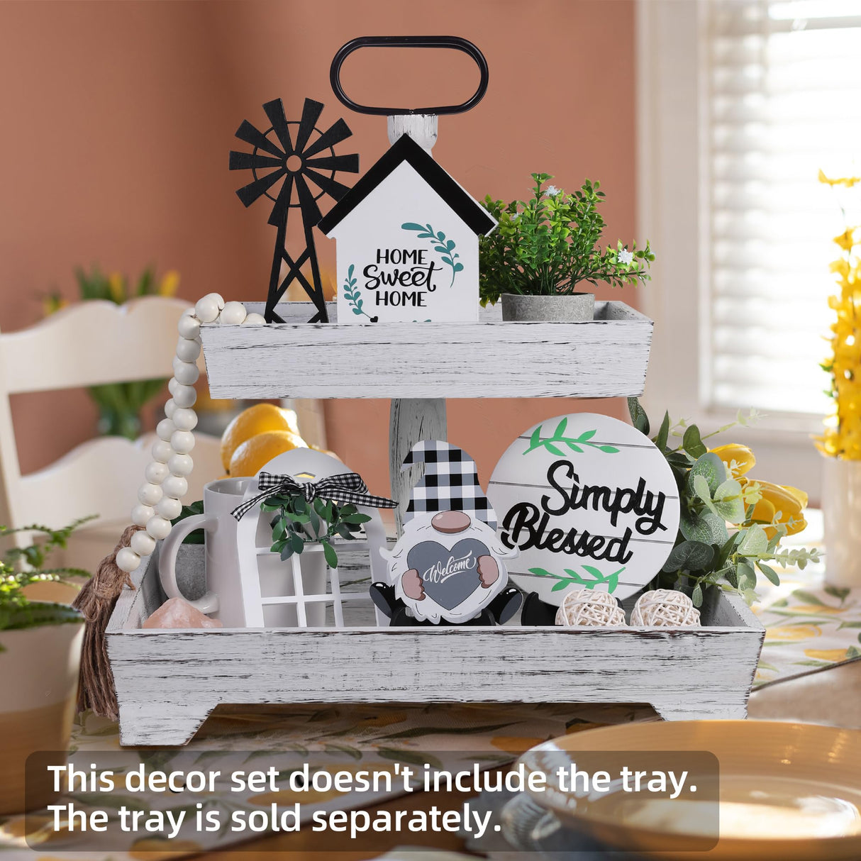 Eufrozy 11pcs Farmhouse Tiered Tray Decor Set, Rustic Tier Tray Decorations with Black and White Buffalo Plaid Gnome Ornaments Wooden Home Sweet Home Sign for Kitchen Table Decor Summer Housewarming Eufrozy