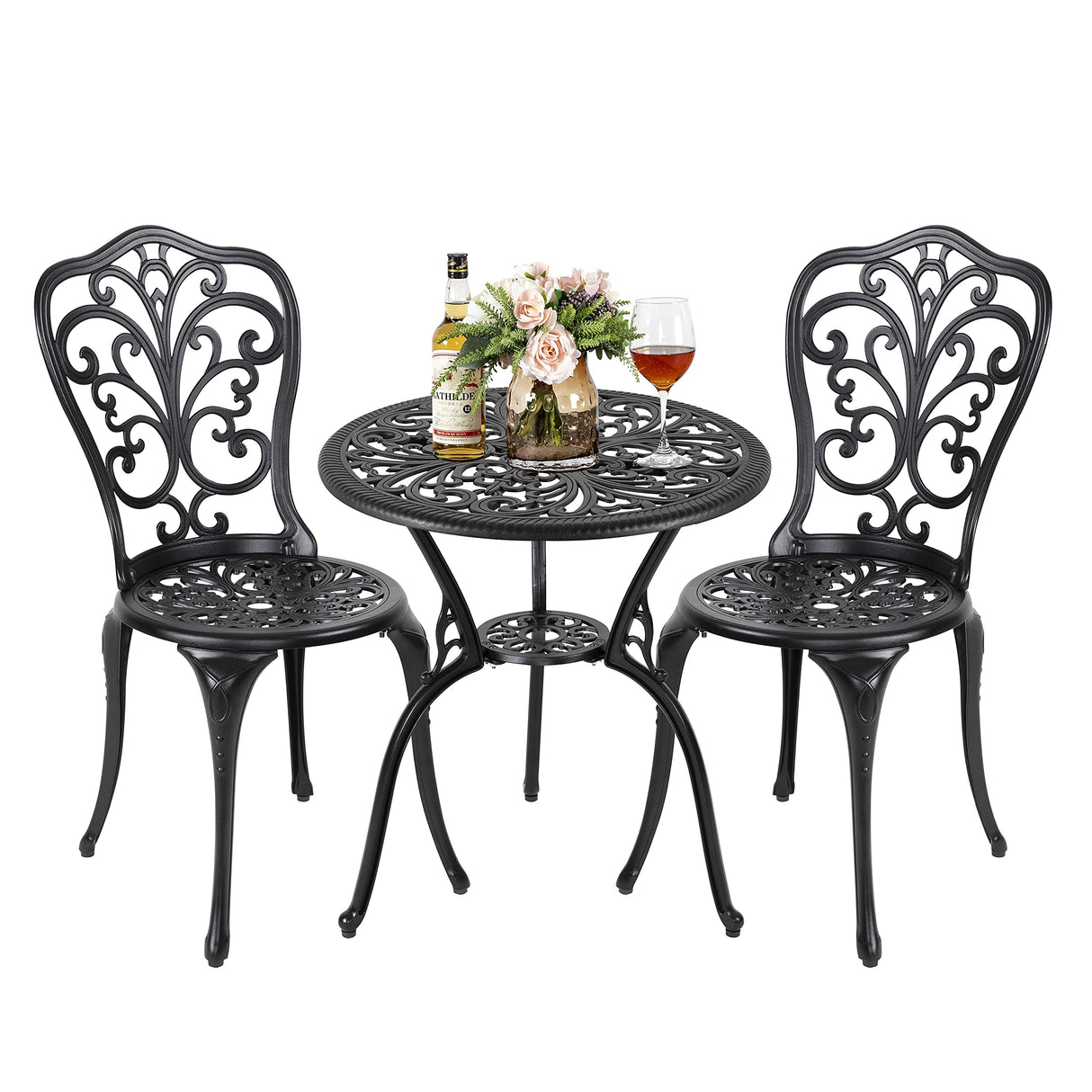 NUU GARDEN 3 Piece Outdoor Bistro Table Set, All Weather Cast Aluminum Patio Bistro Sets Patio Table and Chairs Set of 2 with Umbrella Hole for Yard, Garden, Balcony, Black NUU GARDEN