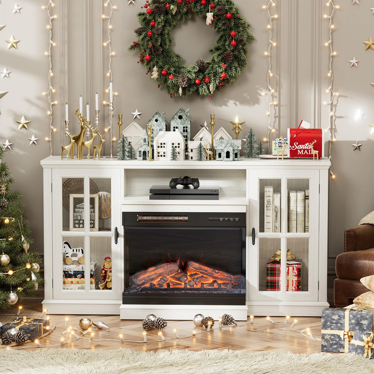 JUMMICO Fireplace TV Stand for TVs up to 65'', 3-Sided Glass Media Entertainment Center Console Table with Cabniet Storage Adjustable Flame LED Color for Living Room (Distressed White) JUMMICO