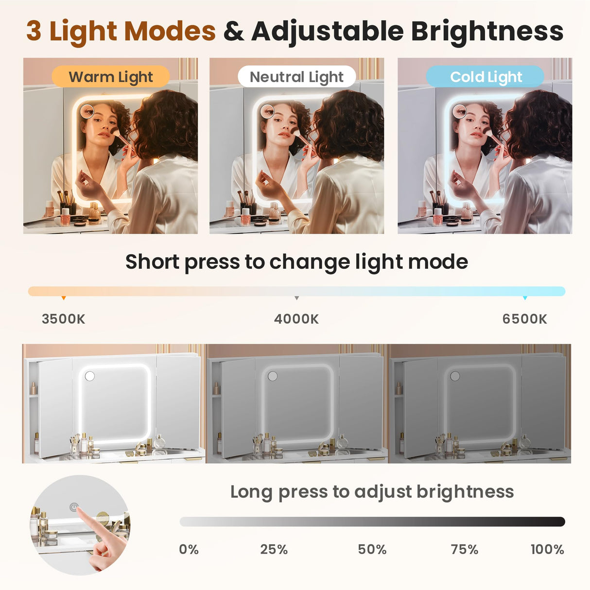 Pamapic 11 Drawers Vanity Desk with Foldable Mirror, Glass Top Makeup Vanity with LED Lights, 3 Lighting Modes, Golden Handles Dressing Table with Chair and Power Outlet Pamapic