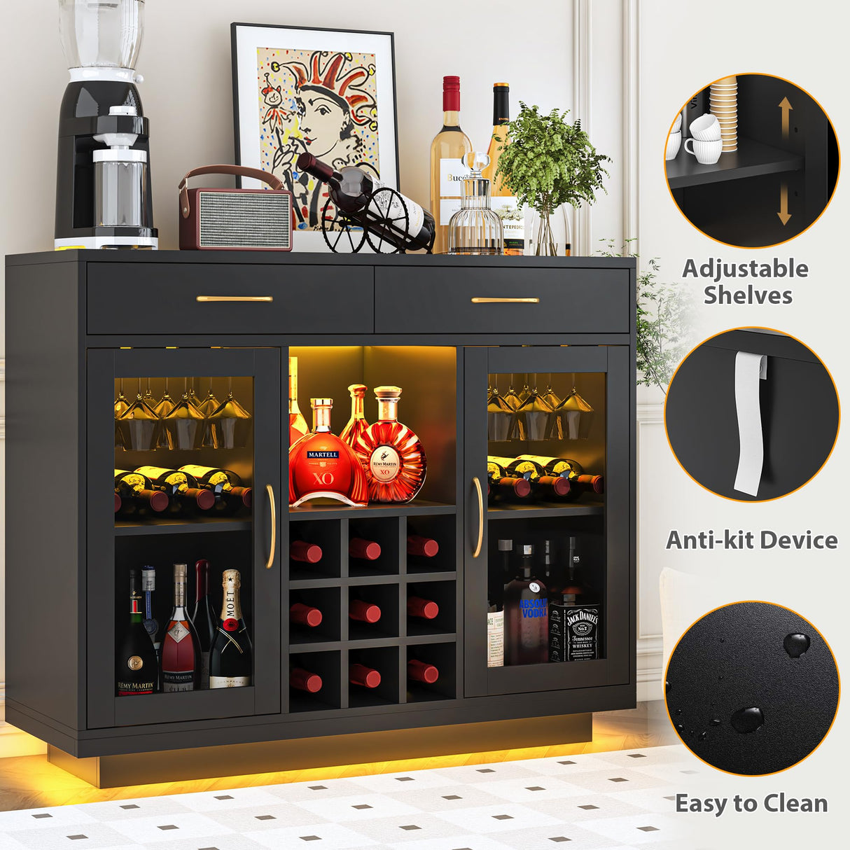 knoworld Wine Bar Cabinet with LED Lights, Coffee Bar Cabinet with Wine and Glass Rack, Black Bar Cabinet Liquor Cabinet, Kitchen Buffet Sideboard with Storage for Living Room, Dining Room knoworld