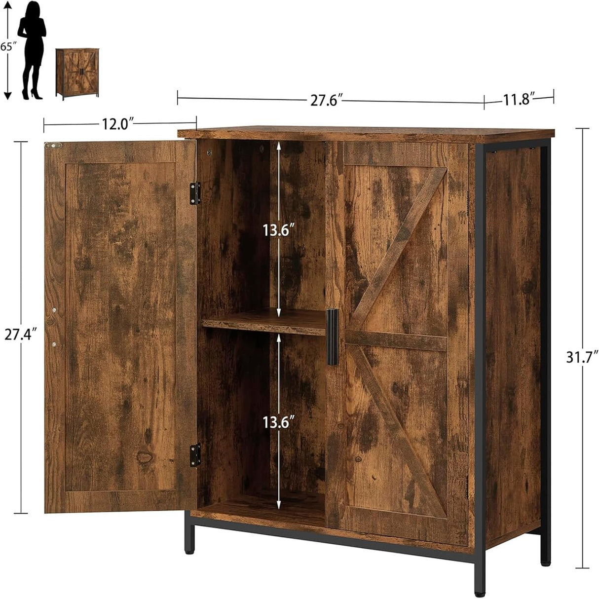 FIONESO Storage Cabinet, Farmhouse Cabinet with Barn Doors & Shelf, Entryway Cabinet, Small Cabinet for Living Room, Dining Room, Entryway, Rustic Brown FIONESO