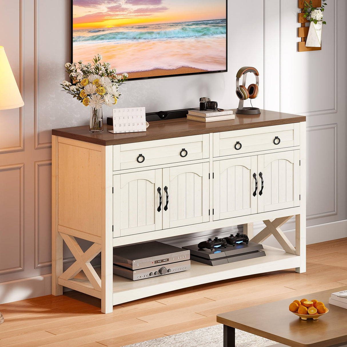DWVO 47.2" Buffet Sideboard Cabinet with Storage, Farmhouse Coffee Bar Cabinet w/2 Drawers, Wood 4-Doors Console Table with Adjustable Shelves for Kitchen, Dining Room, Living Room, Entryway (White) DWVO