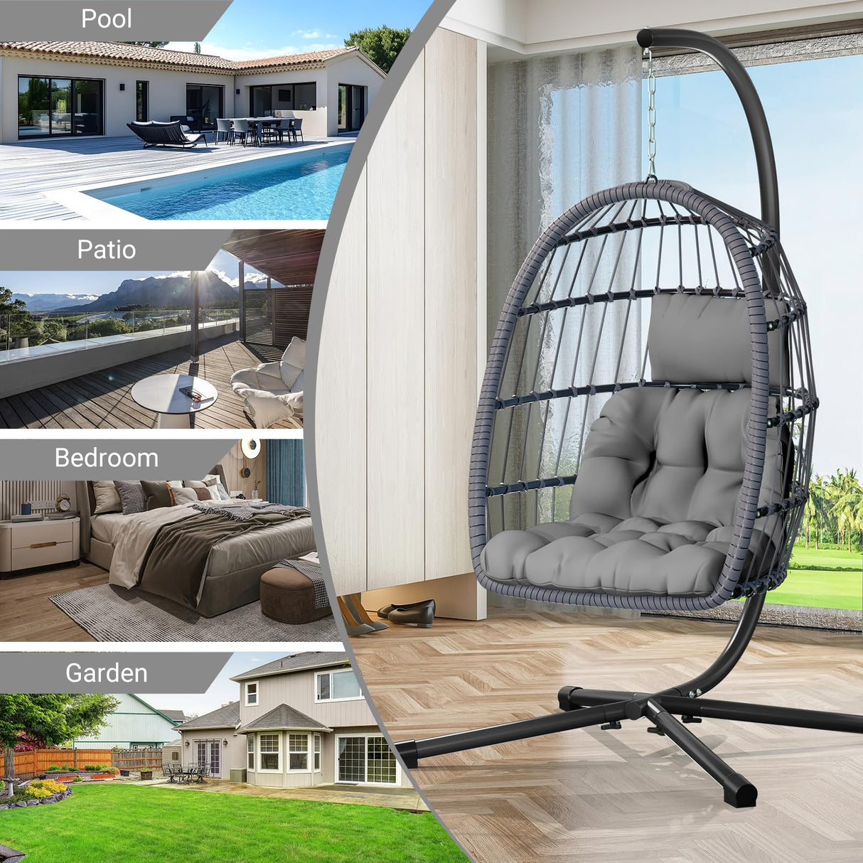 CHABATREE Egg Chair with Stand,Patio Rattan Wicker Hanging Swing Egg Chair Hammock Chair for Bedroom Porch Garden,Thickened Aluminum Alloy Steel Frame and UV Resistant Cushion,350LBS Capacity CHABATREE