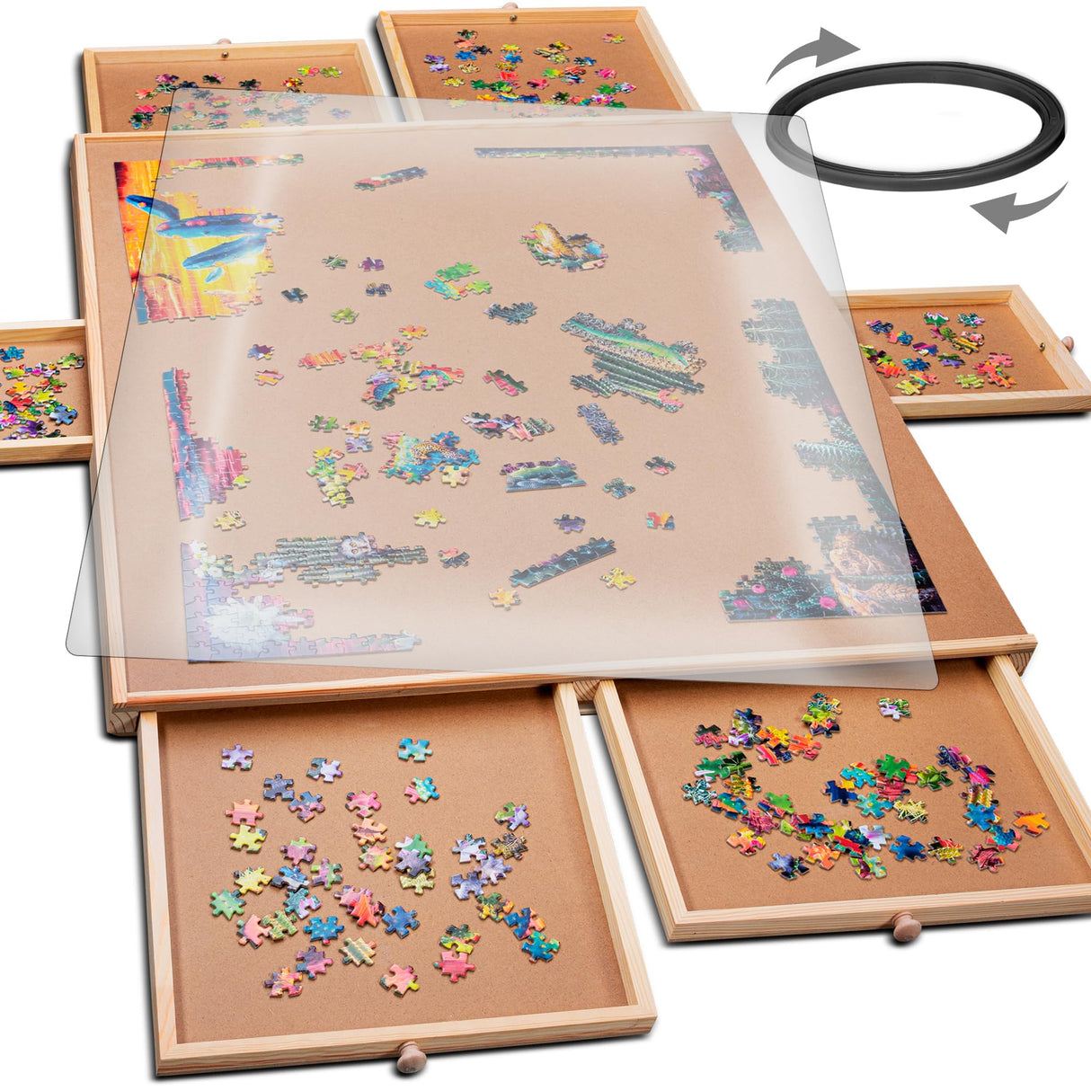 1500 Piece Rotating Wooden Jigsaw Puzzle Table - 6 Drawers, Puzzle Board with Puzzle Cover | 27” X 35” Jigsaw Puzzle Board Portable - Portable Puzzle Table PLAYVIBE