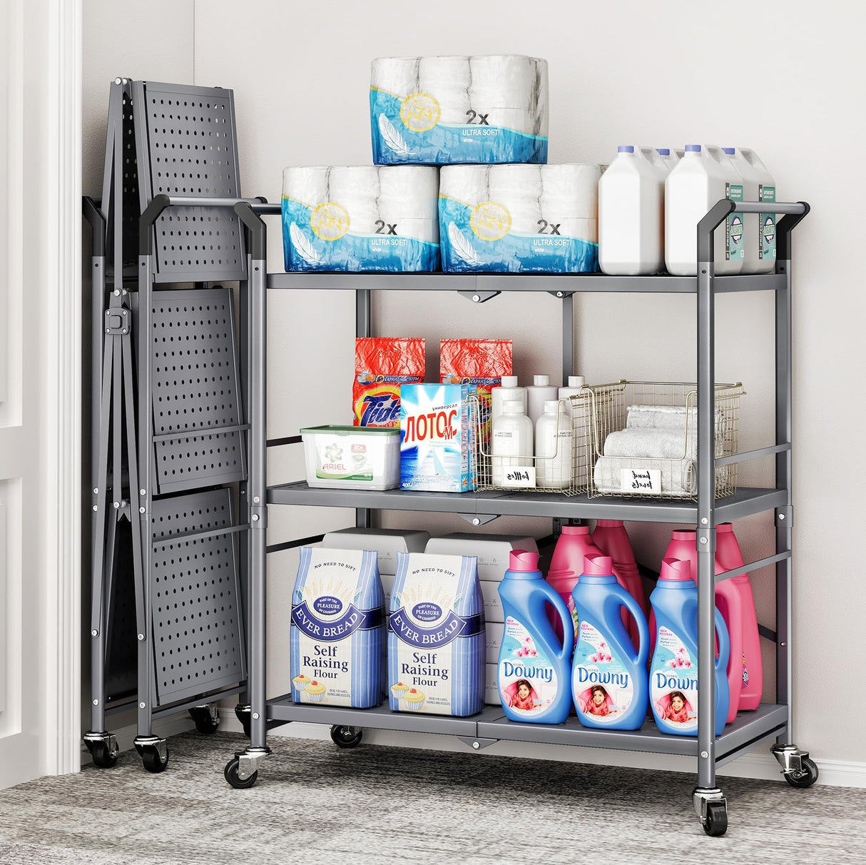 Rolling Utility Cart Folding Cart with Wheels - 3 Tier Collapsible Metal Cart, Large Capacity SNTD