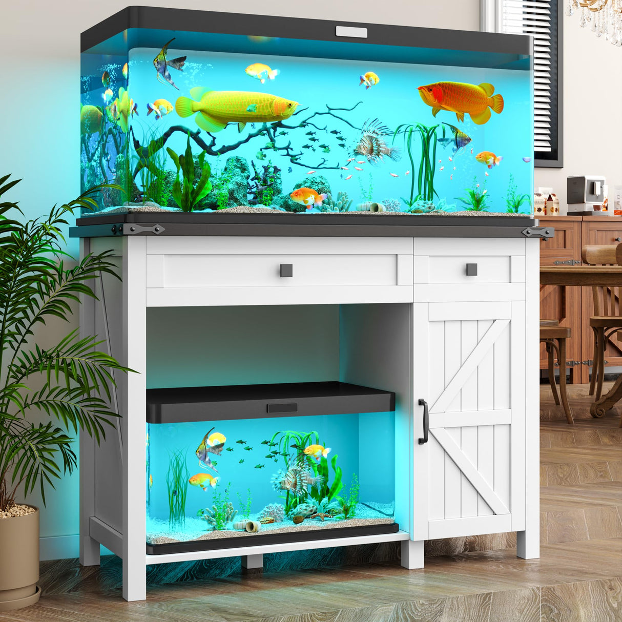 kepptory 40 Gallon Fish Tank Stand with Power Outlets, Farmhouse Decorative Aquarium Stand Furniture with Adjustable Shelves and Drawer, Reptile Turtle Tank Stand with Cabinet Storage (White, 30-40GL) kepptory